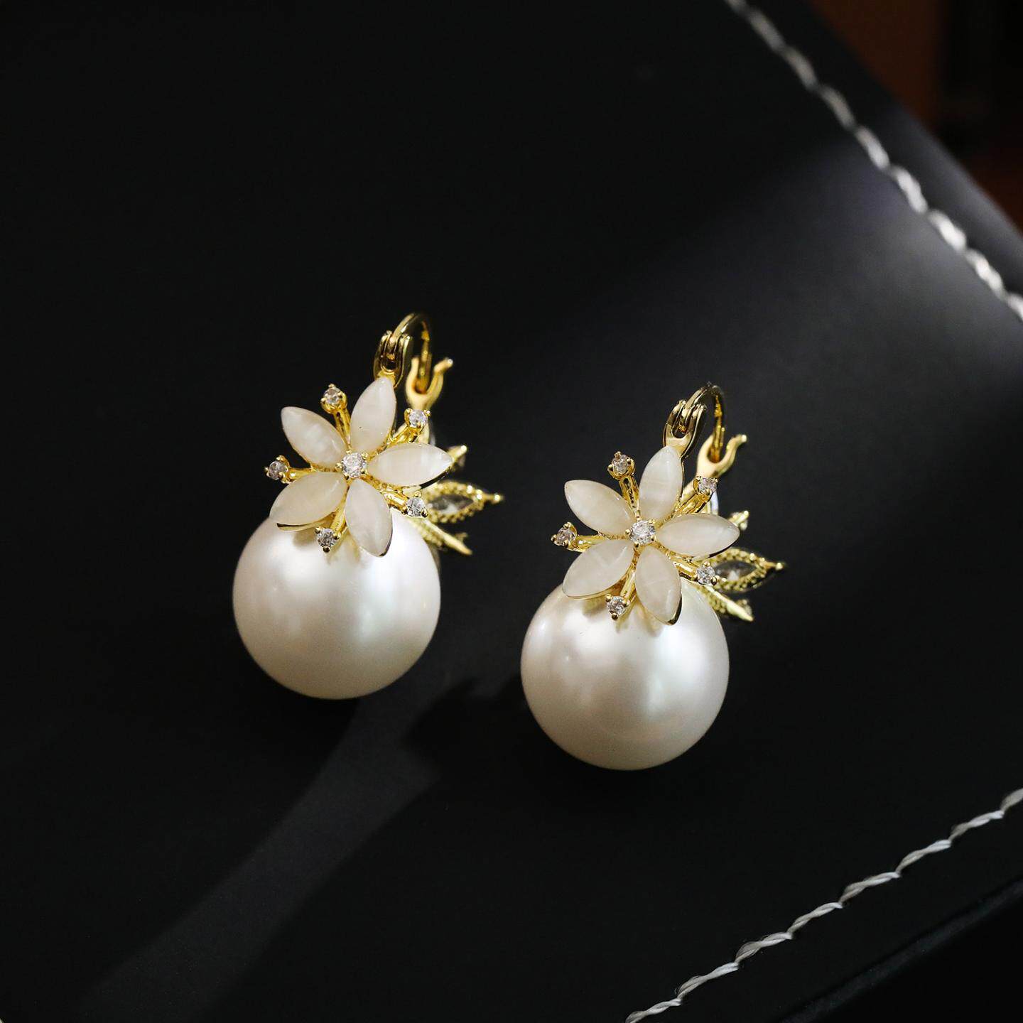 韩系真金电镀设计感锆石猫眼双面花朵珍珠耳扣女网红时尚耳环耳坠