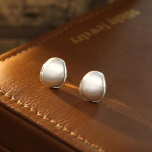 厚银拉丝电泳保色金属耳环女磨砂半圆轻奢冷淡风气质耳钉简约耳饰