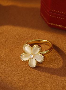 小巧精致猫眼石花朵戒指ins超仙气质小香风高级感对戒开口可调节