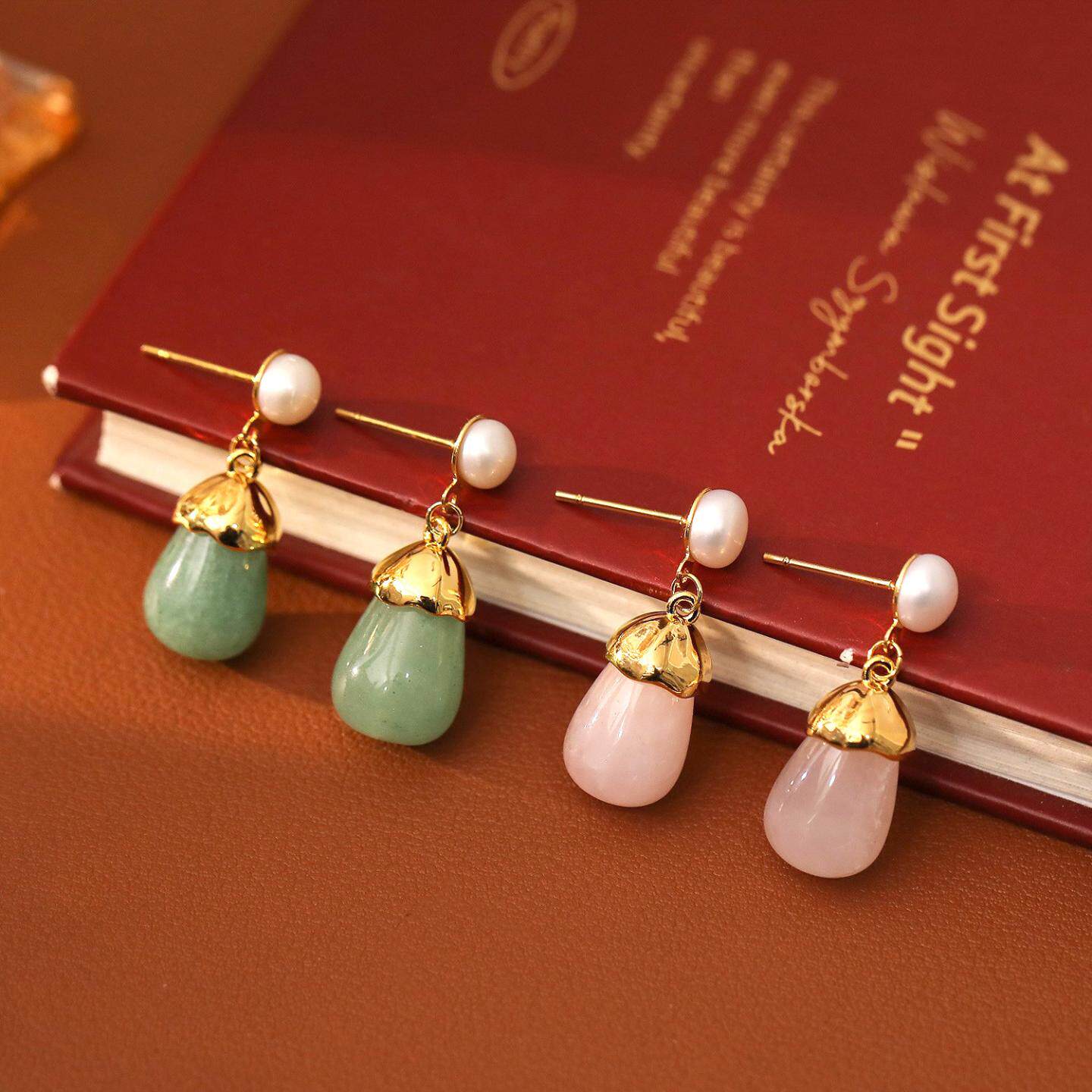 国潮新中式粉色玉髓水滴耳坠简约气质巴洛克淡水珍珠耳环时尚耳钉