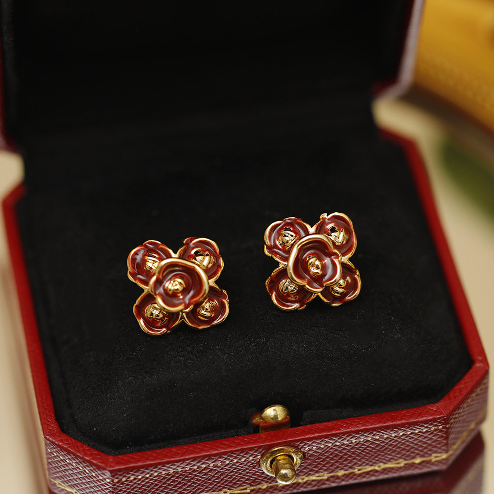中古系列立体珐琅滴釉红色花朵耳
