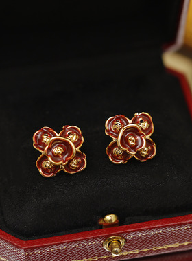 中古系列立体珐琅滴釉红色花朵耳