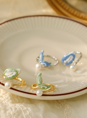 ins潮日系时尚森系设计鱼尾滴油珍珠戒指女开口食指戒指环树叶款