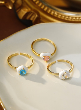 简约甜美爱心造型珐琅彩釉镶嵌红色心形锆石日常通勤款戒指指环女