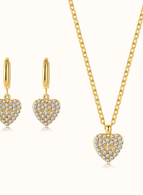 爱心满钻耳扣项链套装不锈钢欧美时尚镀18K真金甜美桃心项链耳扣