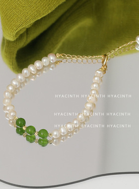 和田碧玉天然淡水珍珠手链法式高贵气质强光珍珠手饰品中式复古风