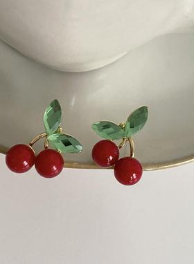 韩版可爱红色小樱桃锆石耳钉珐琅滴釉银针耳饰少女甜美气质耳环