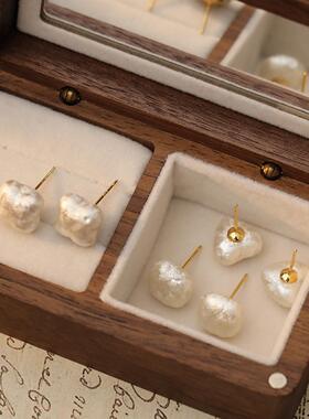 S925银针褶皱肌理质感爱心几何雪花珍珠耳钉法式复古简约甜美耳环