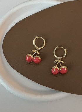 韩国甜美可爱红色樱桃耳饰森系轻奢精致滴油耳坠少女温柔耳环饰品