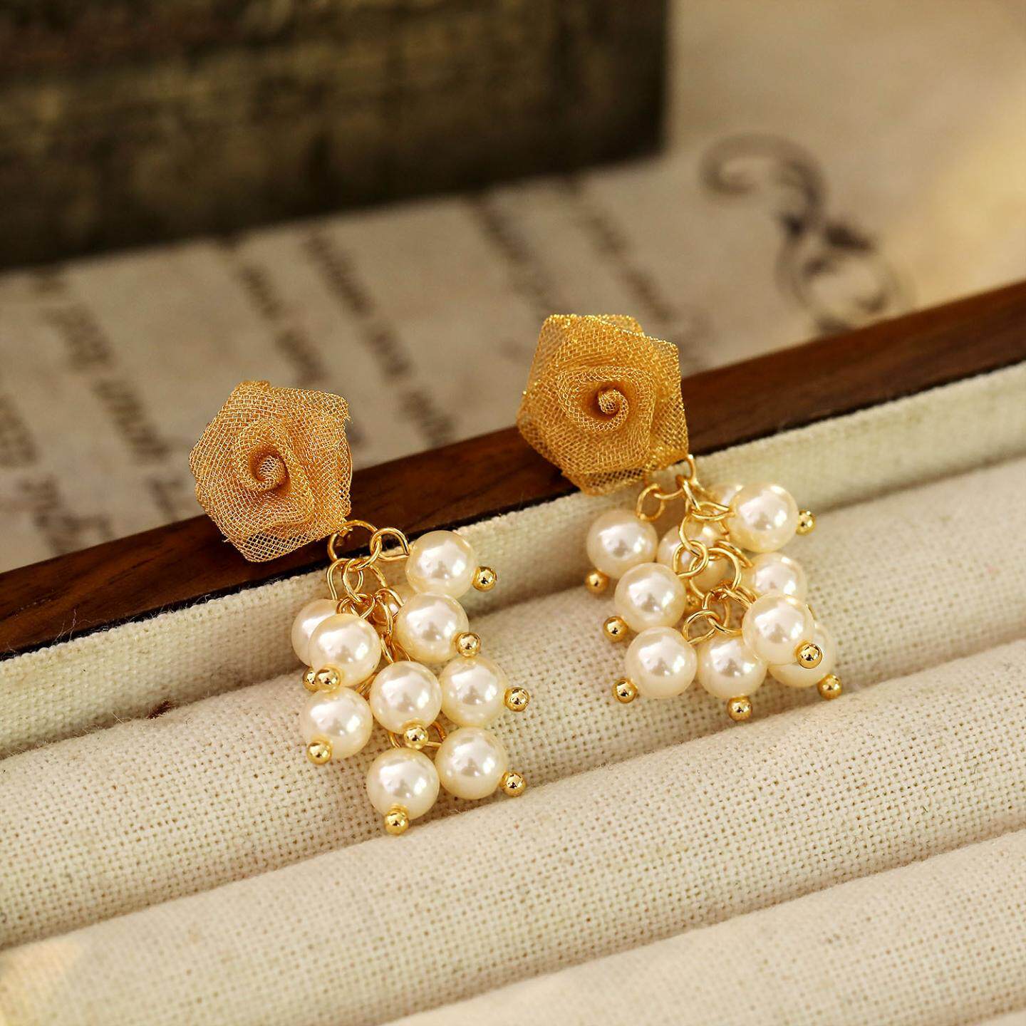 长款超仙网纱玫瑰耳环法式优雅珍珠流苏显瘦气质耳坠爆款耳饰