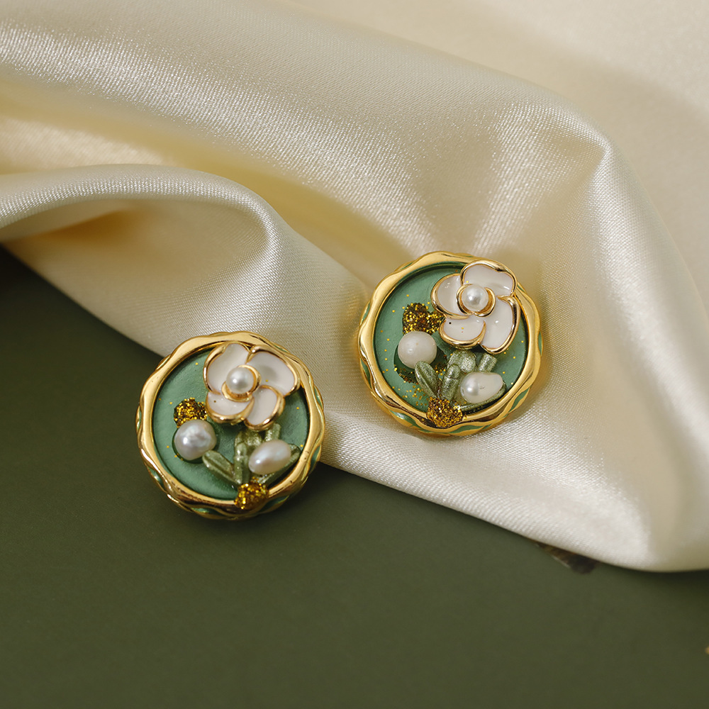 中古vintage油画绿色珐琅金粉耳钉宫廷复古风山茶花淡水珍珠耳环