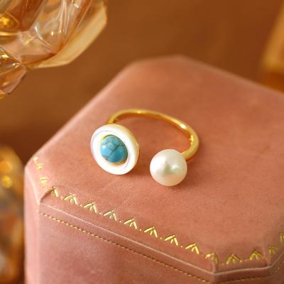 法式复古设计天然巴洛克珍珠戒指女时尚轻奢百搭高级感绿松石对戒