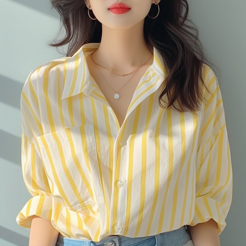 鹅黄色修身收腰条纹衬衫衬衣2024新款高级感女装小众盐系穿搭上衣