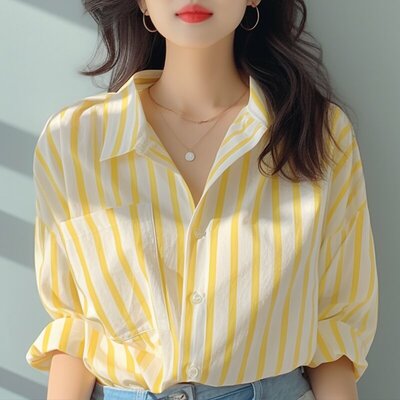 鹅黄色修身收腰条纹衬衫衬衣2024新款高级感女装小众盐系穿搭上衣