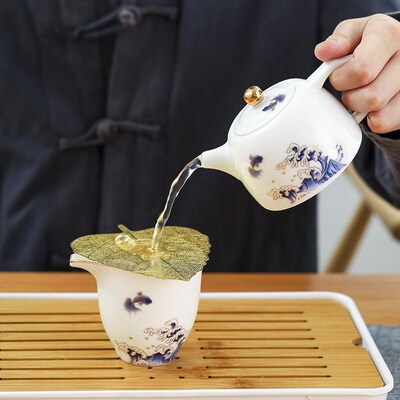 户外便携式功夫旅行茶具套装鱼浪茶壶白瓷整套装随身简易收纳包