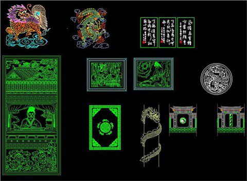 盘龙柱景墙影壁照壁龙麒麟字画松鹤延年蝙蝠大理石水刀拼花CAD图