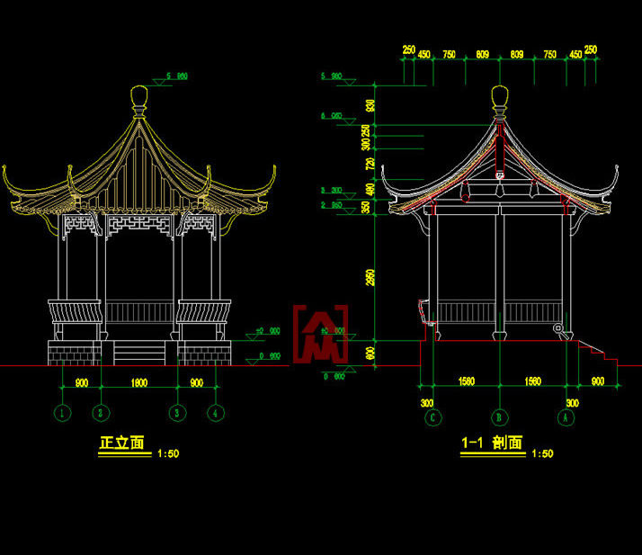 中式仿古木结构单层单檐六角亭子观景亭休息亭建筑图cad施工图纸