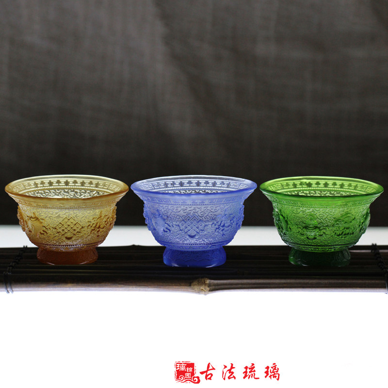 古法真琉璃八吉祥净水杯佛堂寺庙法器琉璃供水杯佛前摆件七色可选图片