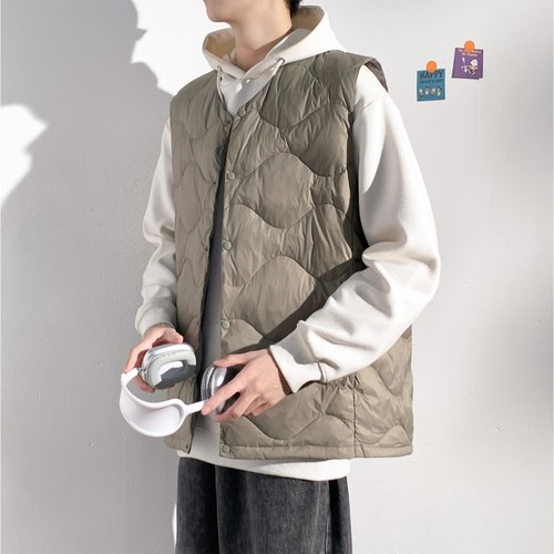 唐狮2024冬季新款男士羽绒马甲叠穿无领轻薄款羽绒服内搭弧形压线