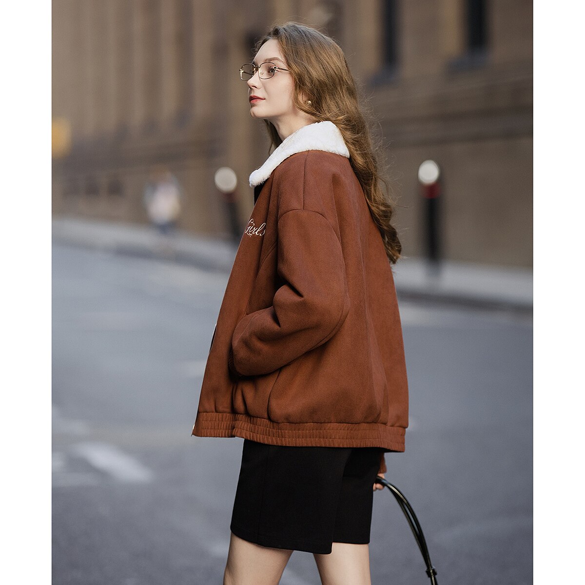 唐狮正品秋冬女短款外套翻领撞色拼接仿羊羔毛简约设计美拉德百搭