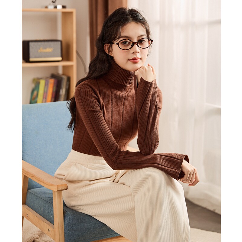 唐狮黑色高领针织衫女2025秋冬新款修身显瘦小个子长袖内搭打底衫