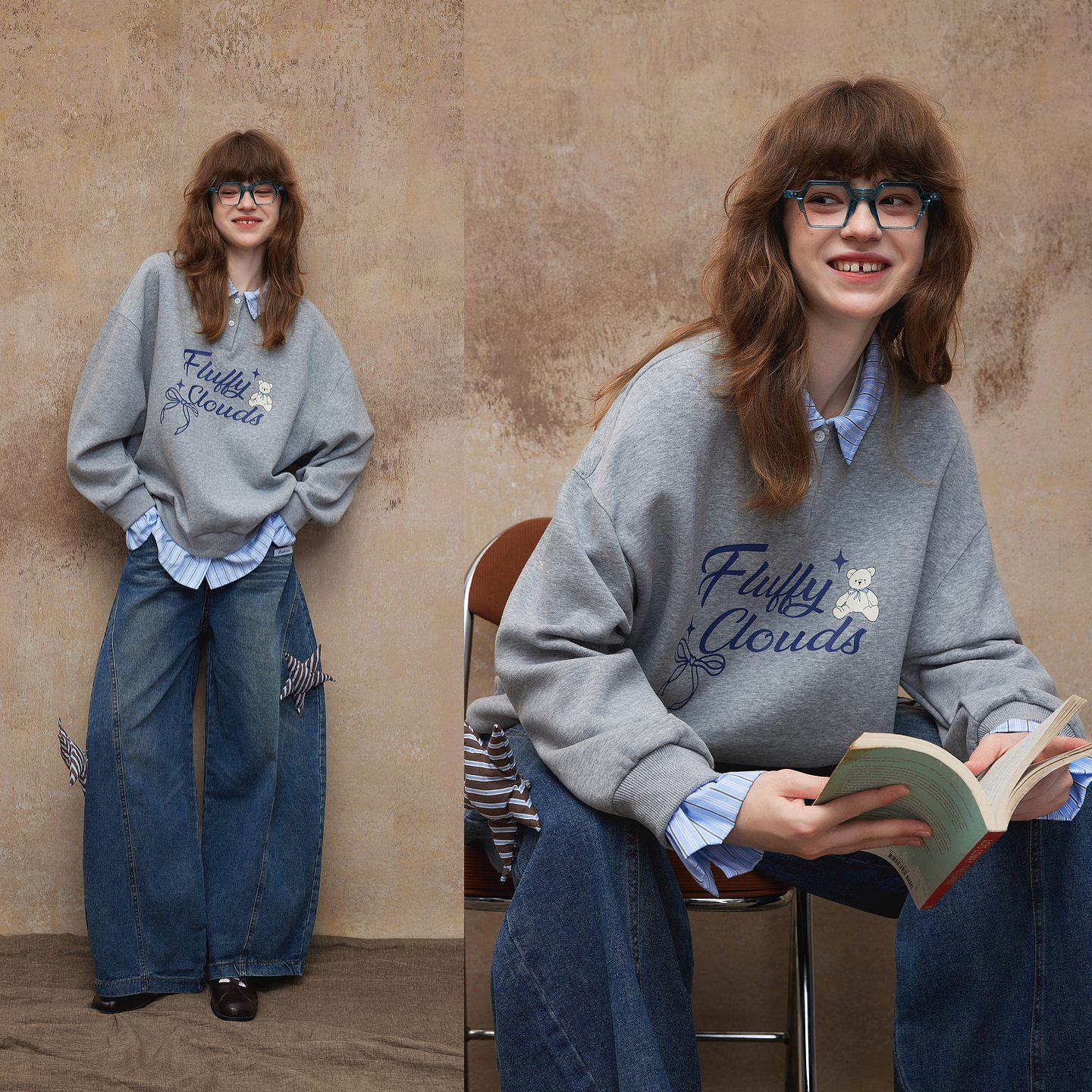 唐狮2025秋冬季卫衣女假两件翻领字母印花美式潮流时尚学生超好看