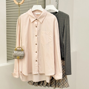 唐狮2025春秋季粉色长袖衬衫女早秋少女衬衣纯色百搭女装潮BL