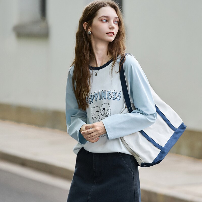 唐狮2025年秋季新款长袖T恤女薄款圆领插肩袖印花宽松百搭上衣