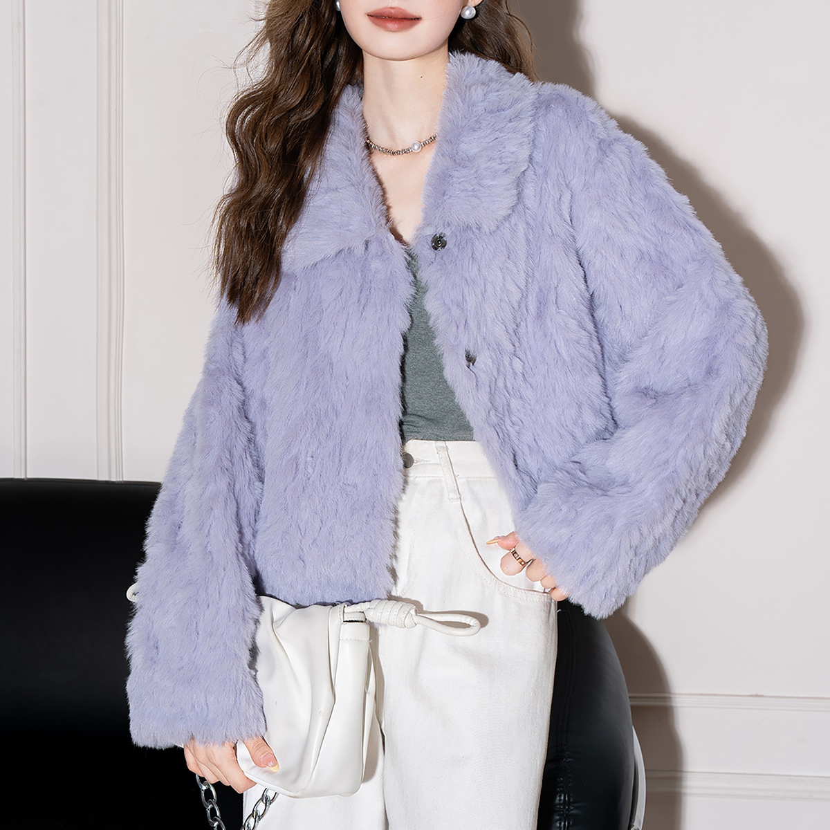 唐狮2025秋冬翻领短款仿羊卷毛皮草外套高级感小个子女外套潮