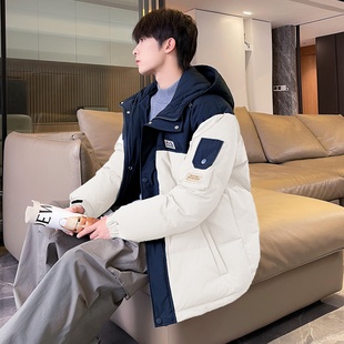 唐狮2024冬季新款男生羽绒服撞色拼接连帽短款面包服青少年韩系潮
