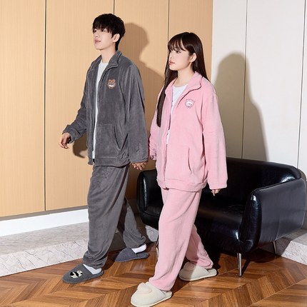 唐狮情侣珊瑚绒睡衣女秋冬季加厚加绒款开衫薄绒家居服男士套装女