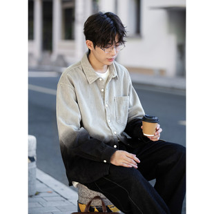 唐狮2026春秋男渐变灯芯绒长袖衬衫时尚设计感潮流百搭外套