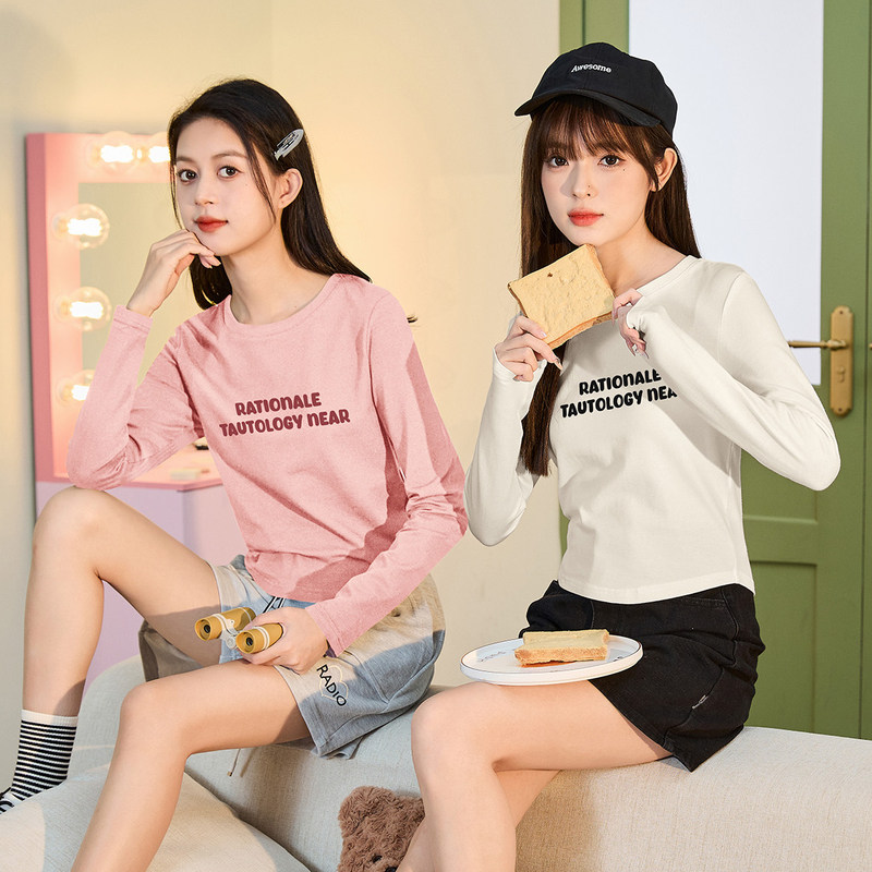 唐狮2026秋新款甜美长袖T恤女宽松圆领紧身内搭打底衫短款上衣女