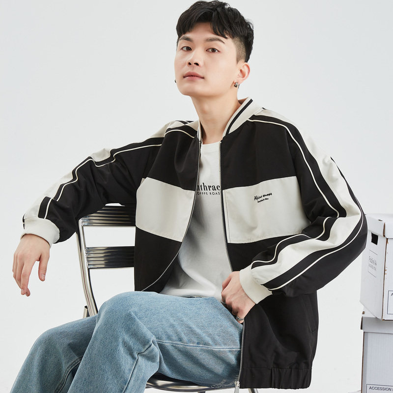 唐狮2022年春新款棒球服男休闲棒球领拼接短款外套男时尚男士夹克