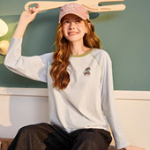 唐狮2026春季 韩系外穿打底 卡通小熊印花时尚 长袖 T恤女撞色插肩袖