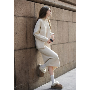 唐狮2025秋冬毛衣女长裙套装 温柔气质慵懒风高级感 净色连帽毛线衫