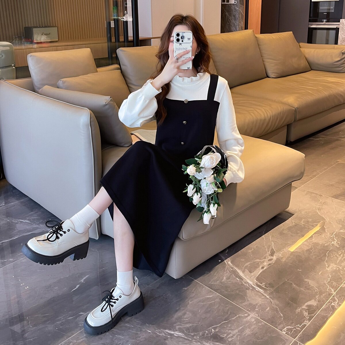 唐狮圆领假两件长袖针织连衣裙女新款长裙针织毛衣裙冬季连衣裙y5