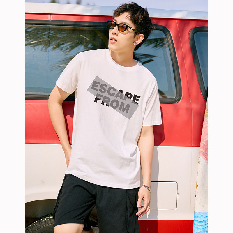 唐狮2026春夏家新款男款圆领趣味图案白色打底衫宽松休闲短袖T恤G