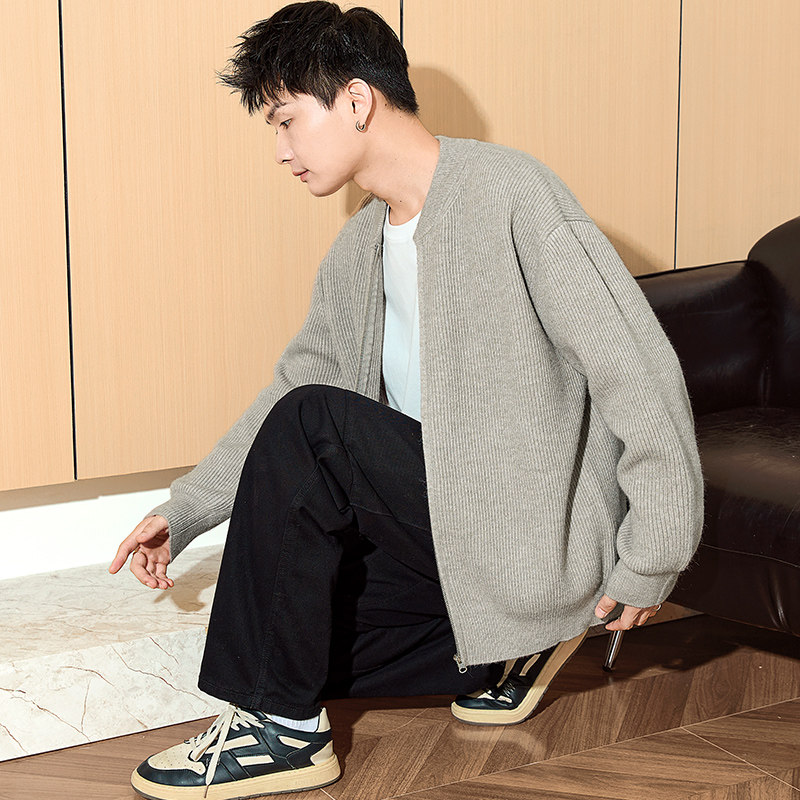 唐狮2026春秋新款毛衣男生棒球领针织开衫拉链款外套宽松青少年潮