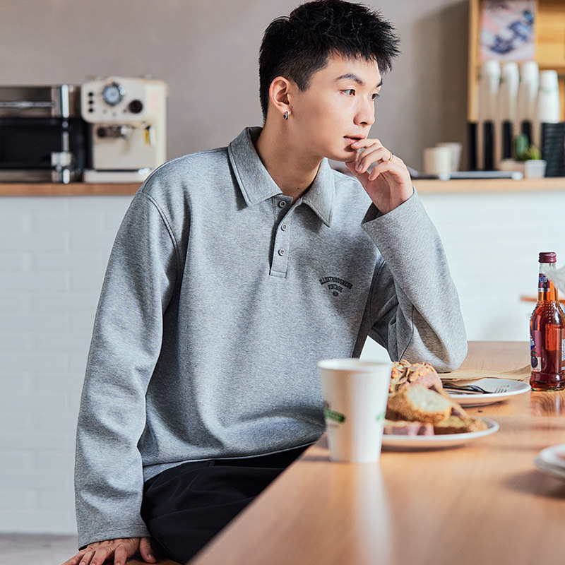 唐狮2026春秋季新款Polo衫男士长袖灰色宽松有质感带翻领t恤上衣