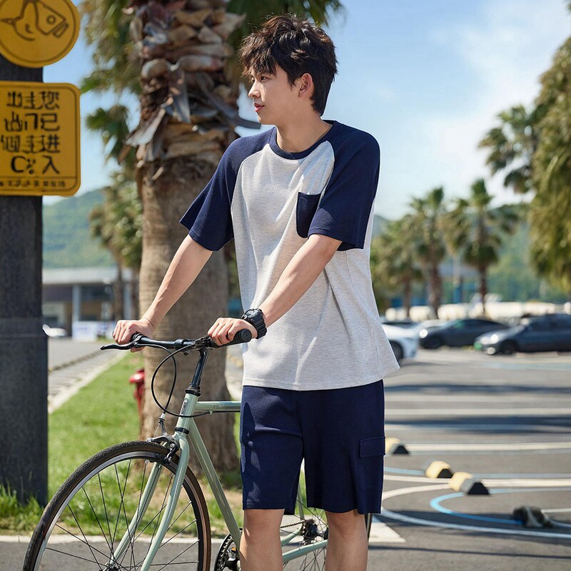 唐狮套装男2026夏季新款休闲运动套装男华夫格拼接短袖T恤套装男