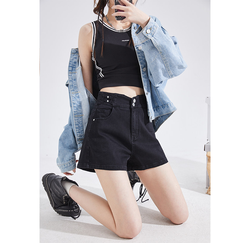 唐狮26新款春夏季牛仔短裤女高腰弹力修身显瘦潮酷辣妹黑色裤子女