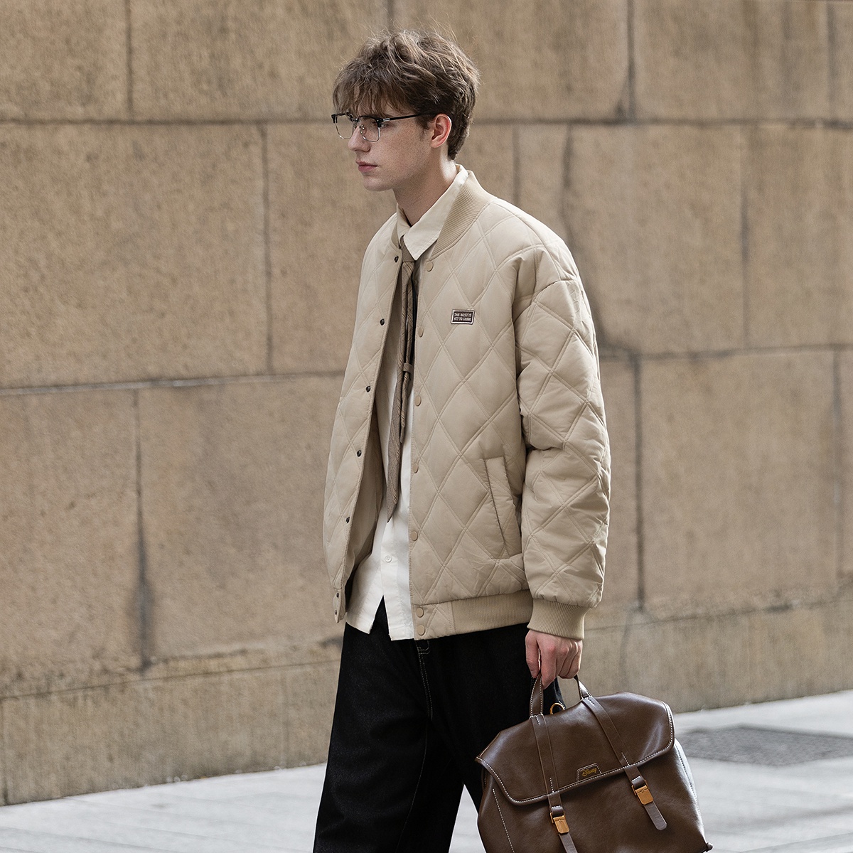 唐狮2025秋冬季棉服男棒球领菱格设计感简约短款夹克男冬装外套