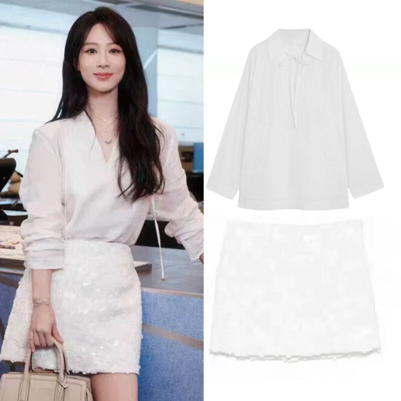 杨紫同款白色套装衬衫半裙女2025夏季新款高级感长袖上衣百搭裙子