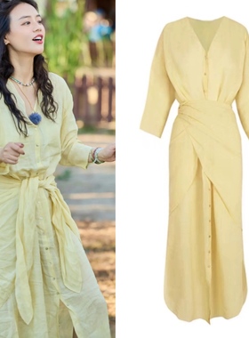 马思纯同款黄色连衣裙女2025新款夏季收腰显瘦气质长裙过膝长裙子