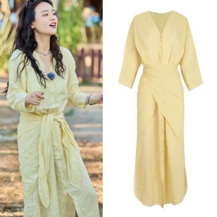 马思纯同款黄色连衣裙女2025新款夏季收腰显瘦气质长裙过膝长裙子