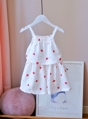 国内柜~女宝宝白色草莓塔裙小童吊带裙连衣裙可调节肩带可爱公主