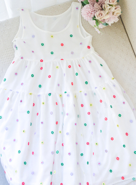 140-165女童刺绣白色纱裙中大童夏季背心连衣裙轻薄凉爽可爱清爽