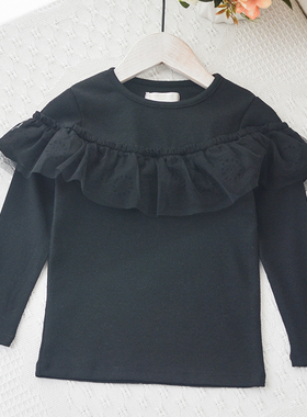 日单~120-130女童宝宝加厚大弹力长袖T恤外穿中大童黑色花边春秋