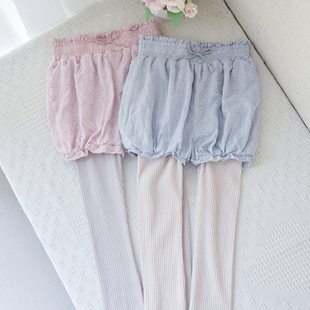 日单~100-110女童宝宝打底裤短裤假两件小童纯棉刺绣春秋裤子可爱
